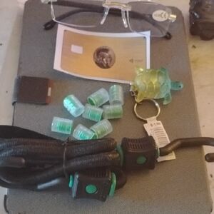 Green Turtle Keychain/Neon Tire Caps(8) /Extra Large Bungee/Reading Glass+